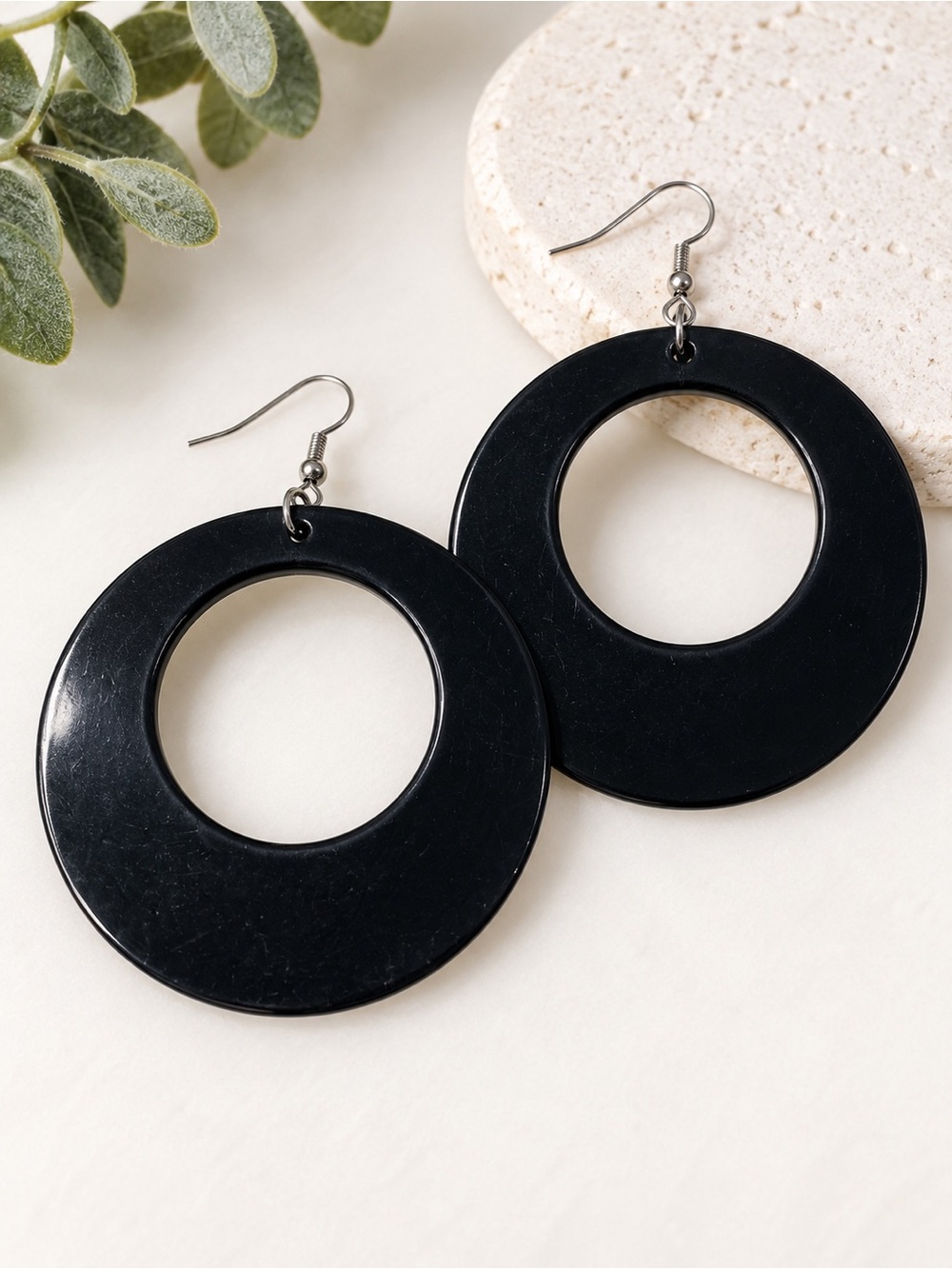 Large Black Disc Hoop Earrings 2.5” Retro Mod Statement Acrylic